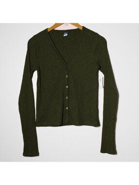 Old Navy V-Neck Button Front Rib Knit Top Long Sleeve Olive Green Size M